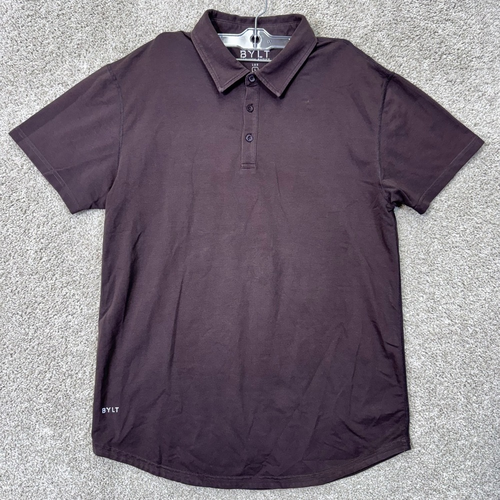 BYLT Polo Men L Lux Short Sleeve Dark Brown Drop Cut Hem EUC